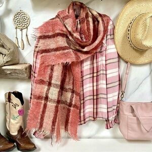 MOHAIR blush/Pink vintage plaid wool scarf/wrap country prairie cabin vibe